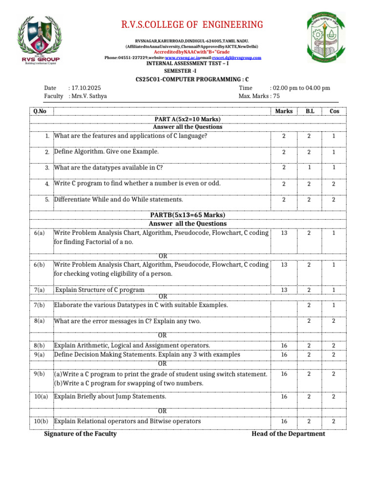 Computer Programming Test - C Language | PDF | Algorithms | Applied ...