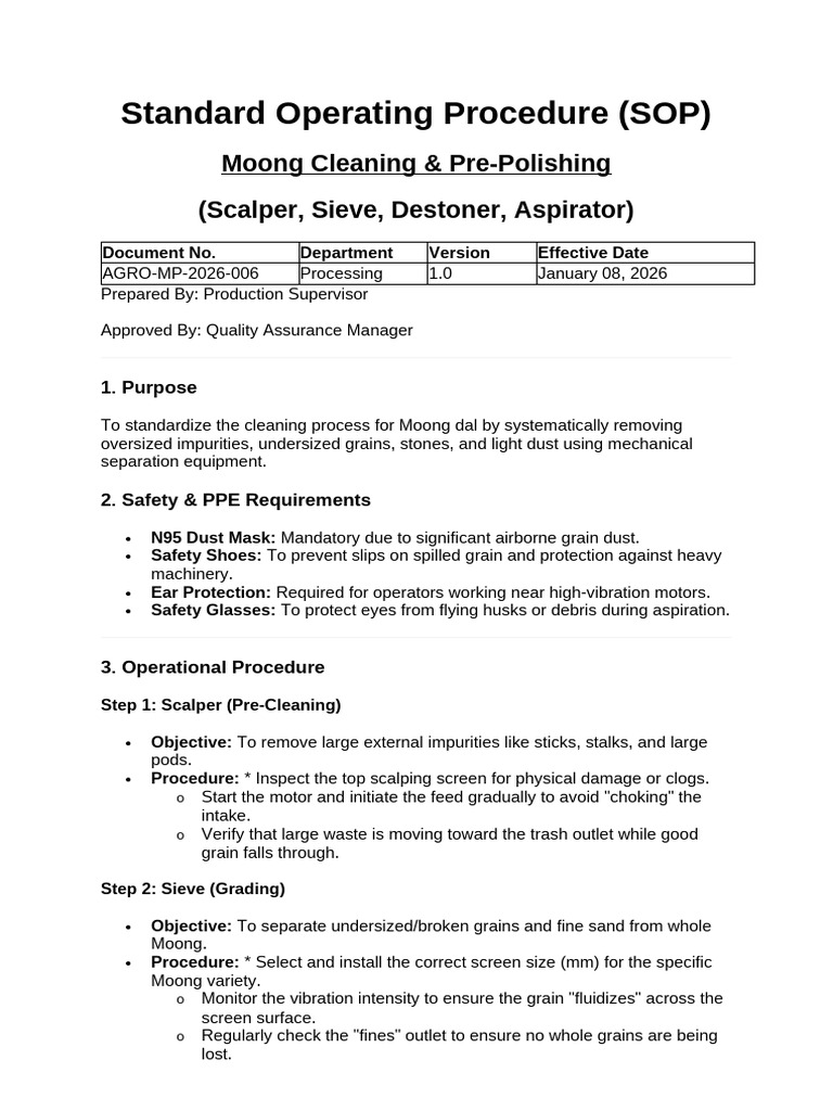 Moong Dal Cleaning SOP Guide | PDF | Mechanical Engineering