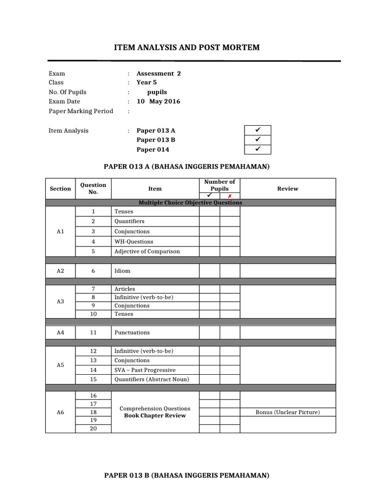 Item Analysis and Post Mortem Template Kosong 6k | PDF | Grammar ...