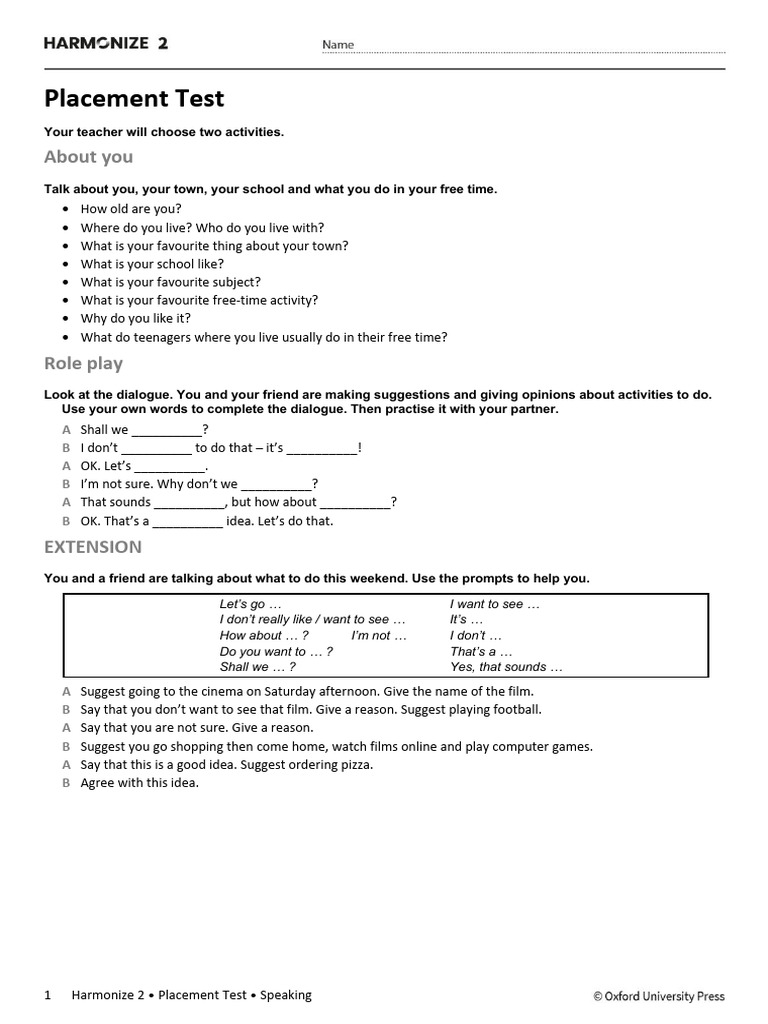 Placement Test: Speaking Activities Guide | PDF