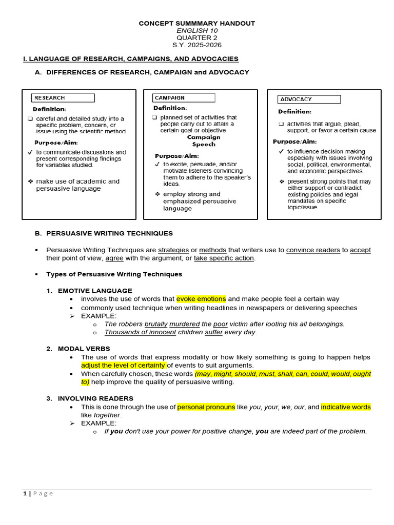 g10 2nd Quarter Concept Summmary Handout | PDF | Essays | Argument