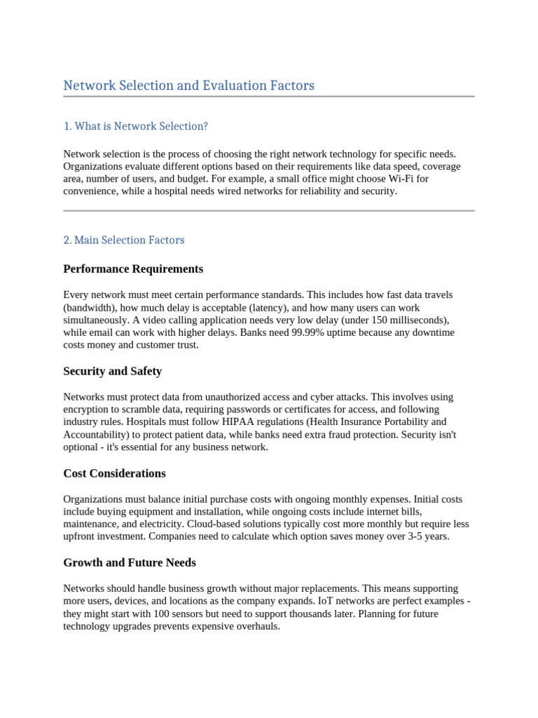 Network Selection Factors Explained | PDF | Computer Network | Internet ...