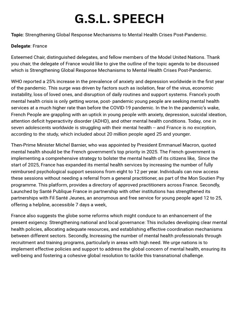 G.S.L. SPEECH | PDF | Mental Health | Mental Disorder