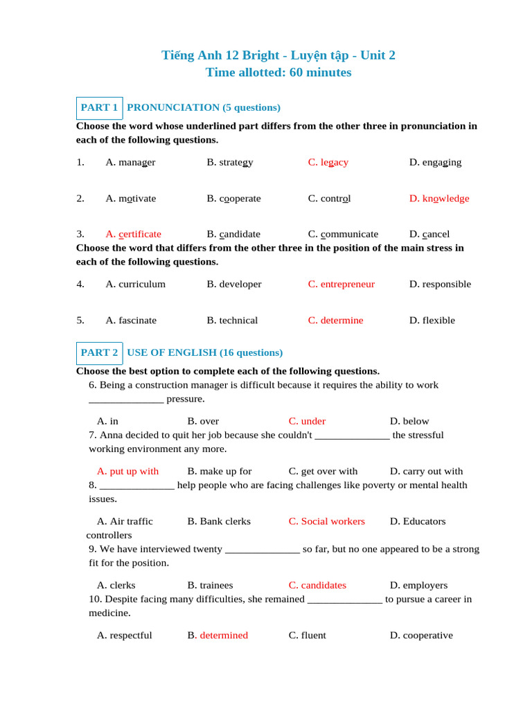 Tiếng Anh 12 Bright: Unit 2 Exercises | PDF
