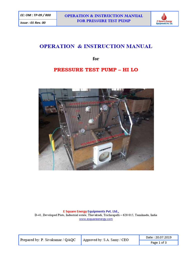 Pressure Test Pump Operation Manual | PDF | Pump | Valve