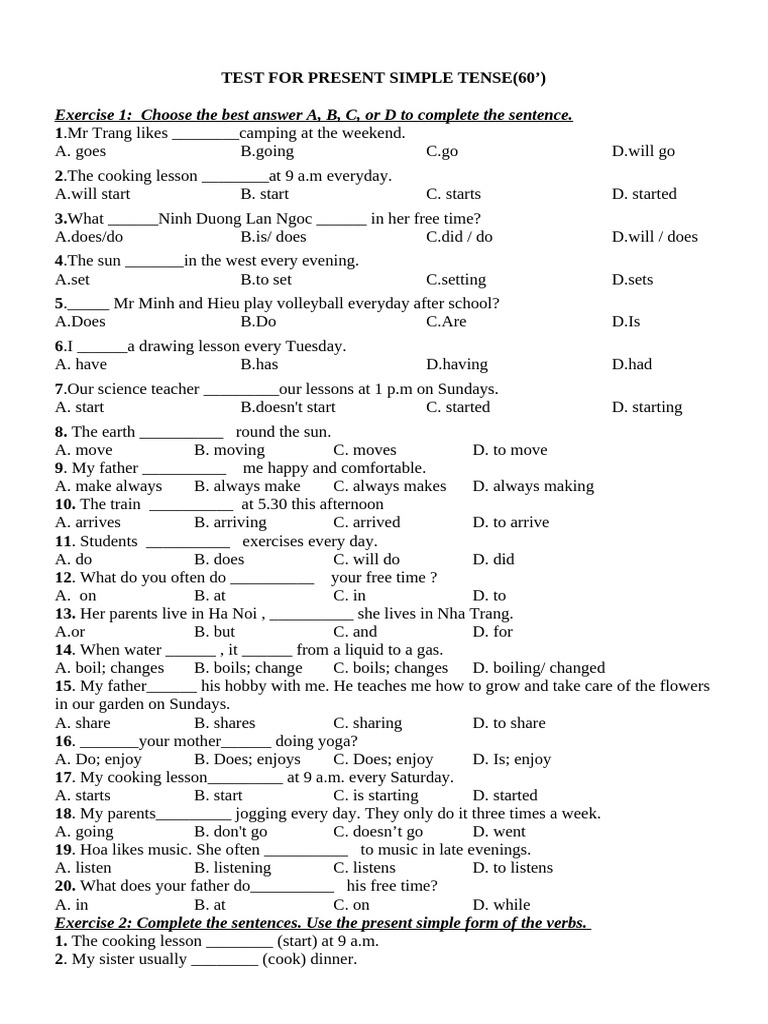Present Simple Tense Test Exercises | PDF | Swimming | Swimming (Sport)