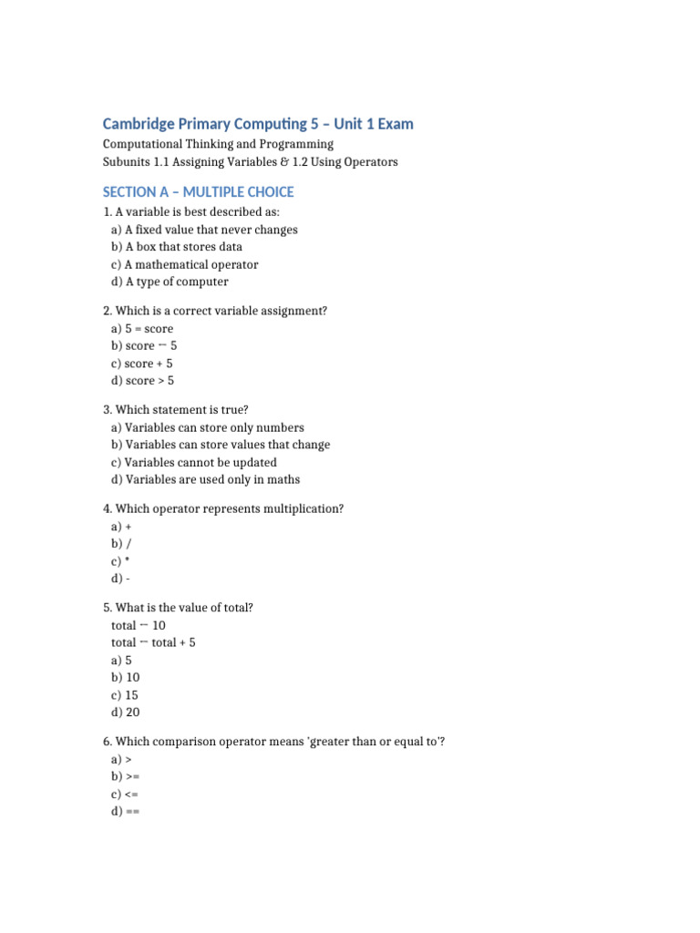 Cambridge Primary Computing Exam Guide | PDF