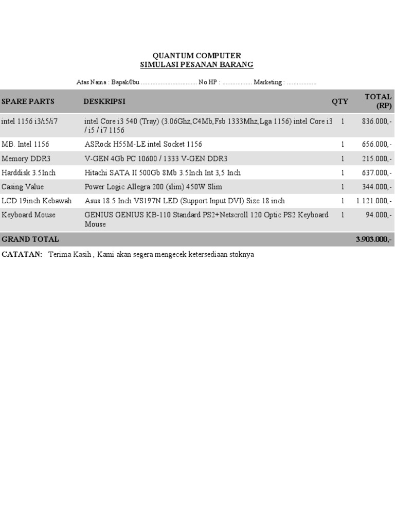 Quantum Computer Spare Parts Order Form | PDF