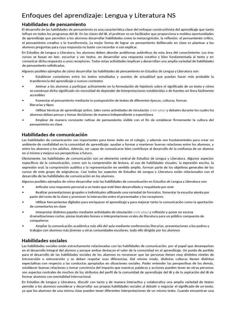 Enfoques Del Aprendizaje LENGUA Y LITERATURA | PDF | Pensamiento ...