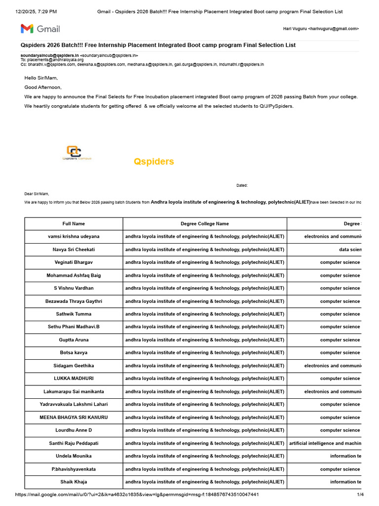 Qspiders 2026 Batch Final Selection List | PDF | Science | Academic ...