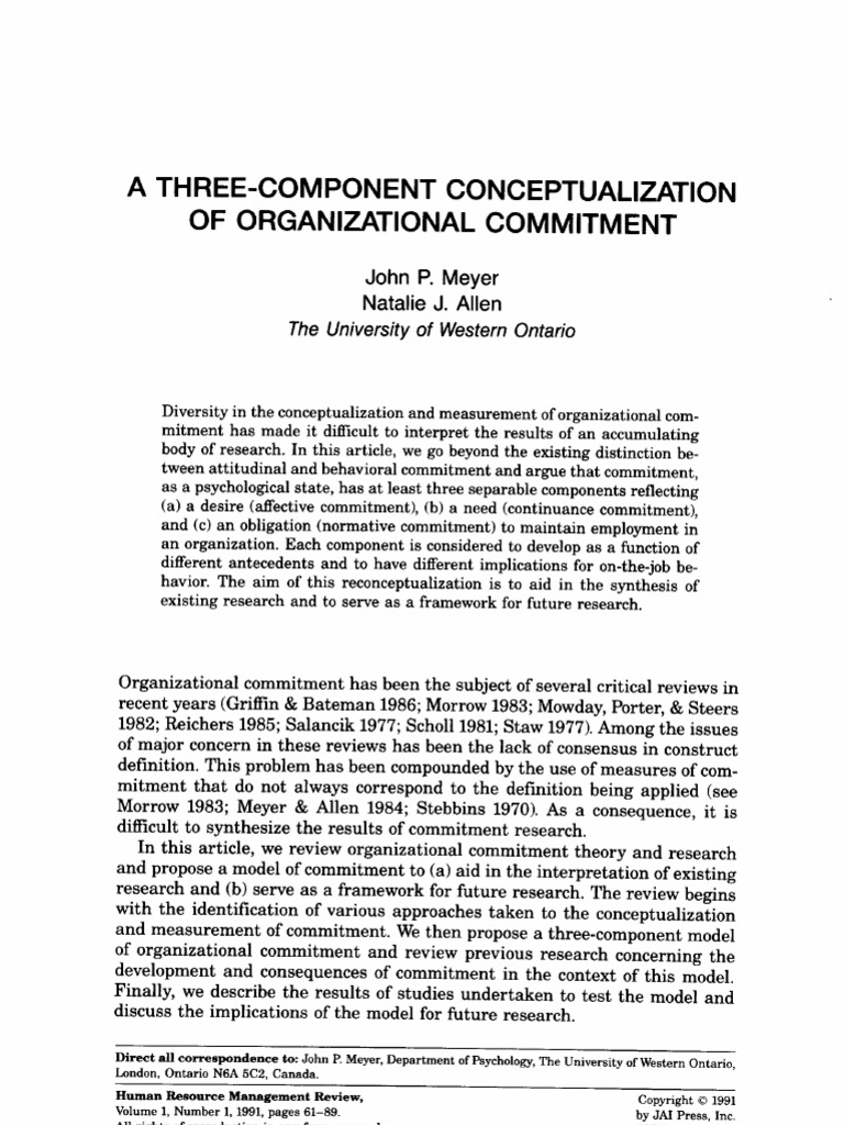 A Three Component Conceptualization Of Organizational Commitment Meyer Allen Ve Ontario Pdf