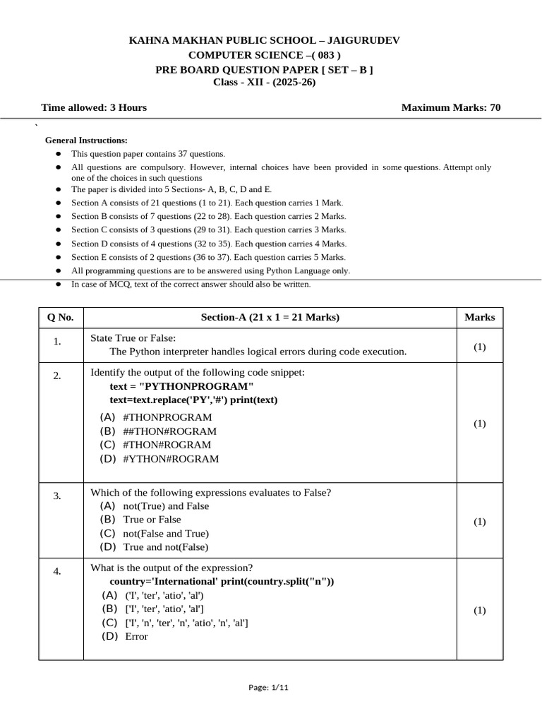 Class 12 Computer Science Pre Board Paper | PDF | Computer Network ...