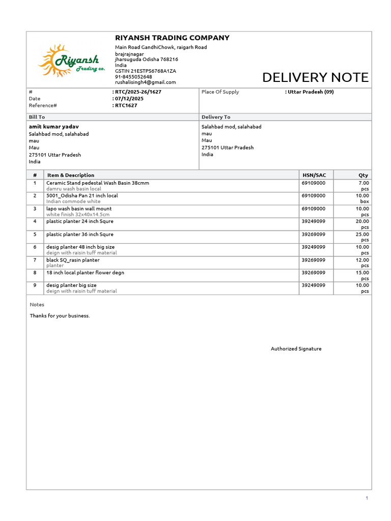 Delivery Note for Riyansh Trading Company | PDF