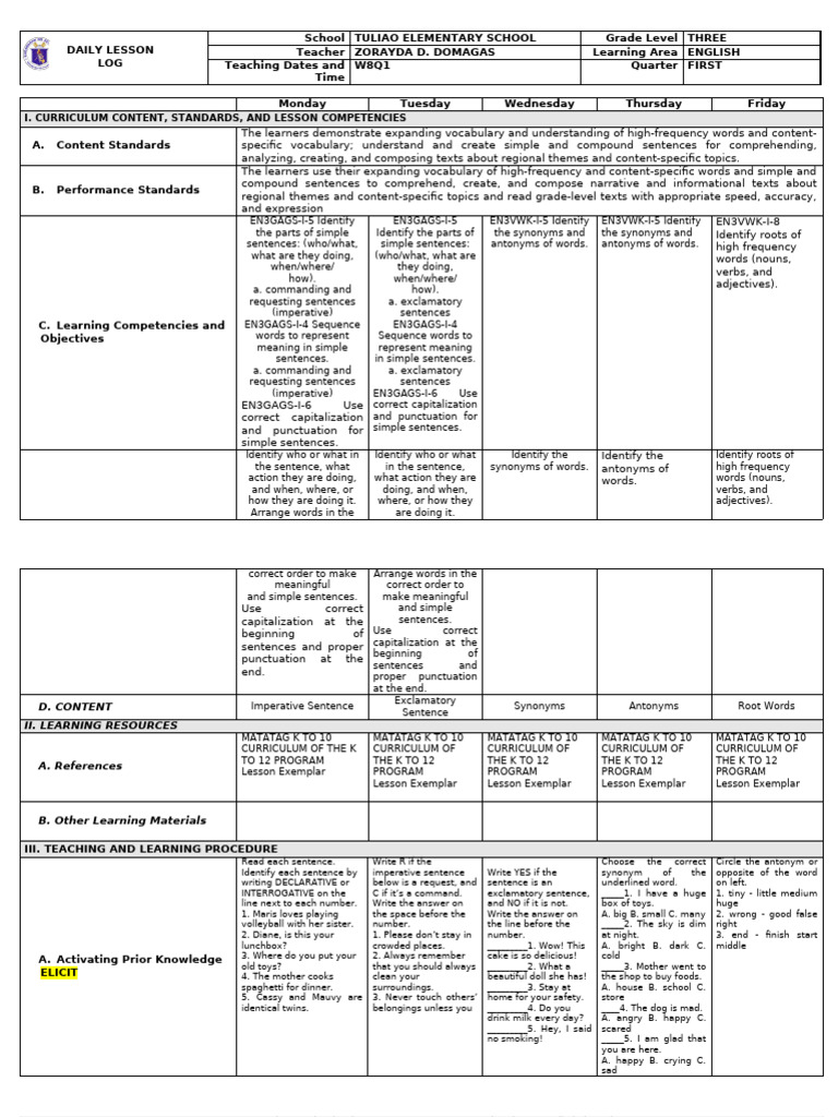 Grade 3 English Lesson Plan Overview | PDF | Sentence (Linguistics) | Word