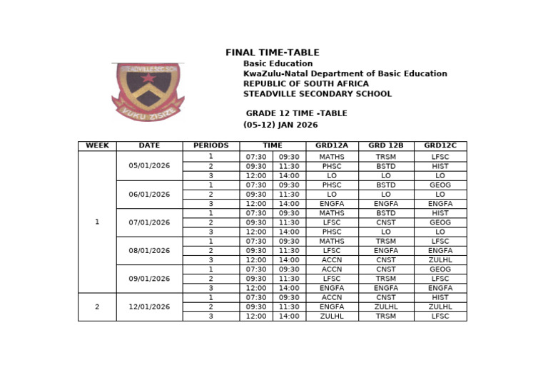 Grade 12 Time-Table January 2026 | PDF