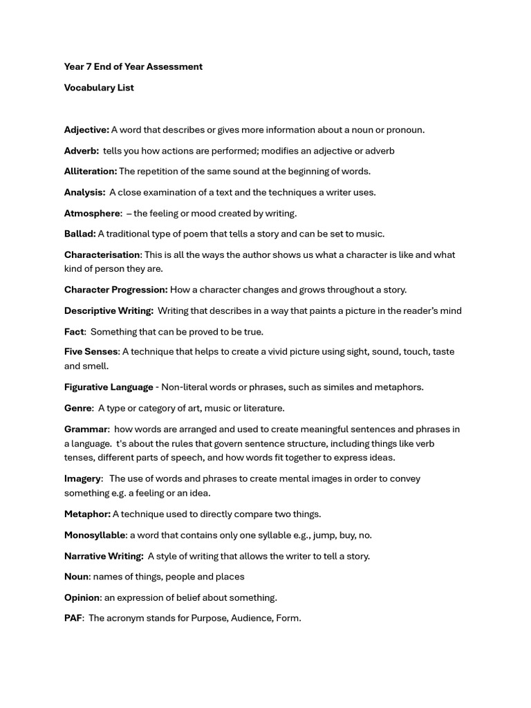 Year 7 Vocabulary Assessment Guide | PDF | Word | Adjective
