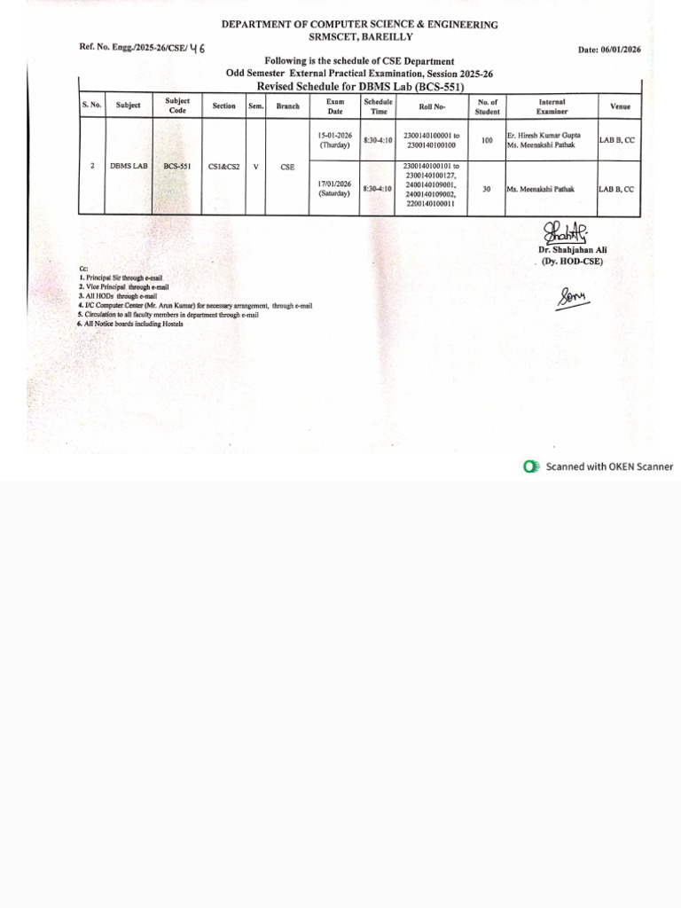 Revised External Practical Examination Schedule of Odd Semester Session ...