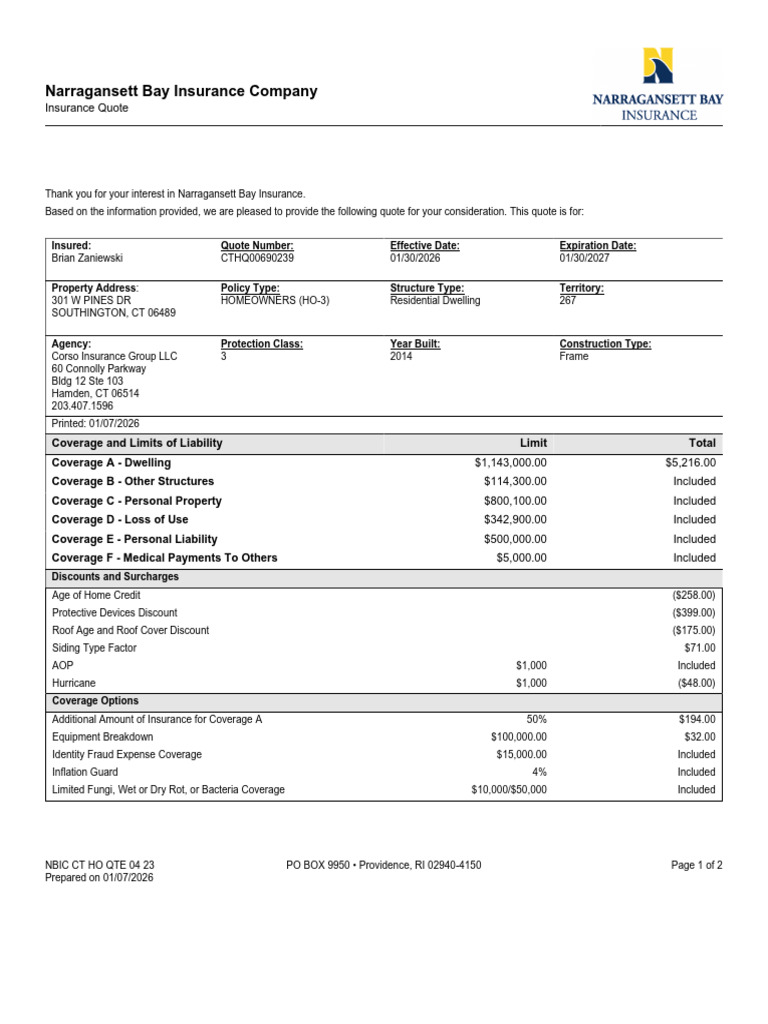 Homeowners Insurance Quote for CT | PDF | Insurance | Fee