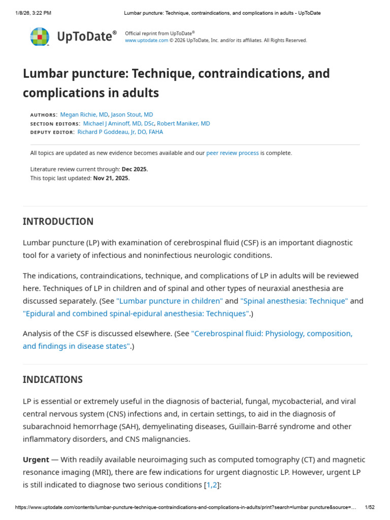 Lumbar Puncture: Techniques & Risks | PDF | Cerebrospinal Fluid ...
