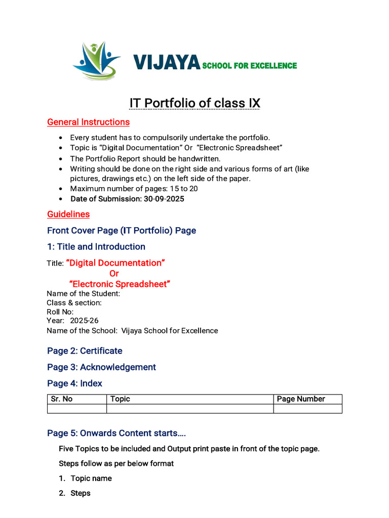 Class IX IT Portfolio Guidelines | PDF
