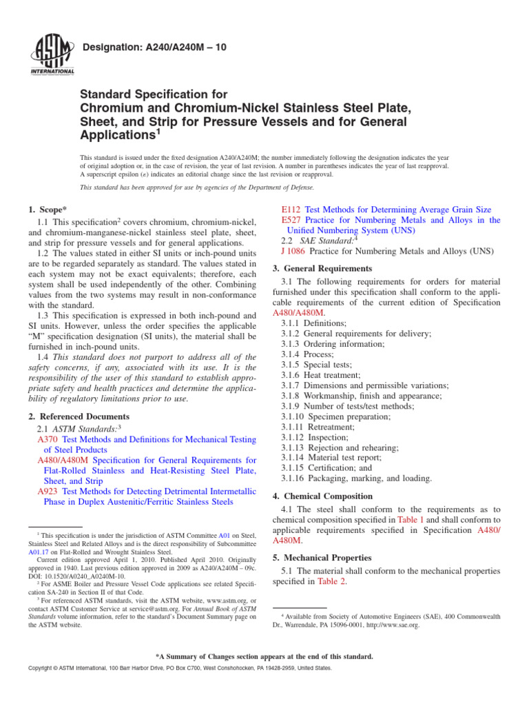 Chromium-Nickel Steel Standards A240 | PDF | Stainless Steel ...