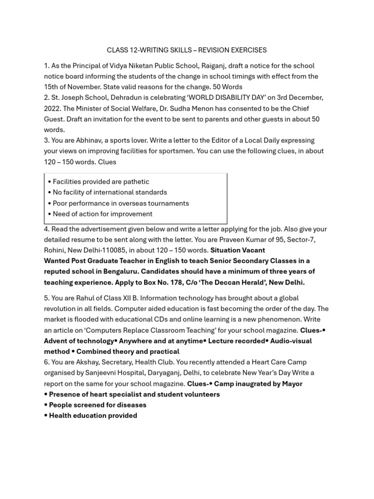 Class 12 Writing Skills Revision Guide | PDF