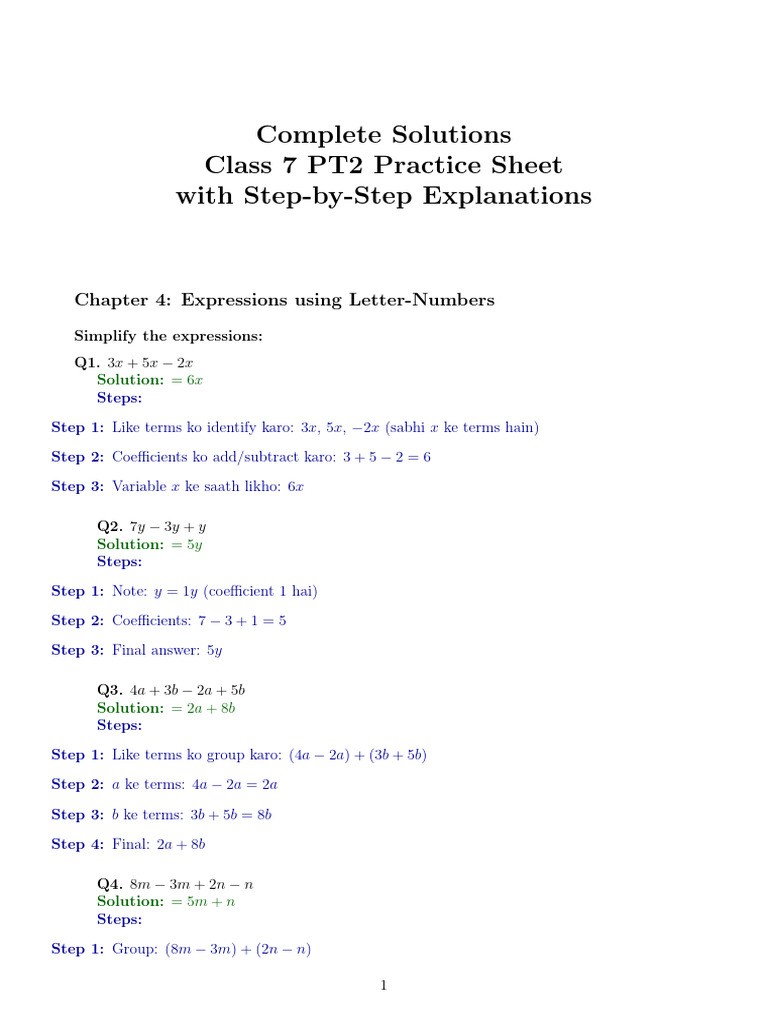 Class 7 Expressions Practice Sheet | PDF | Triangle | Geometric Shapes