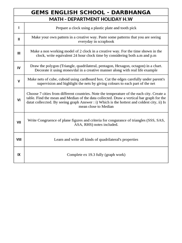 Holiday Homework for Math Department | PDF