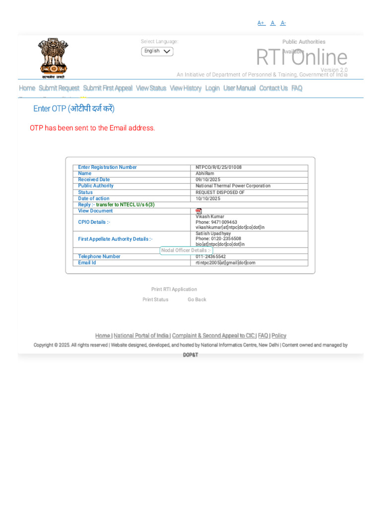 RTI Request Status for NTPC Application | PDF | Cyberspace | World Wide Web