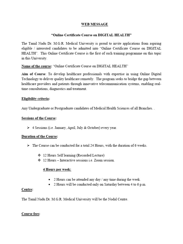 Online Certificate in Digital Health | PDF | Health Care | Social Programs