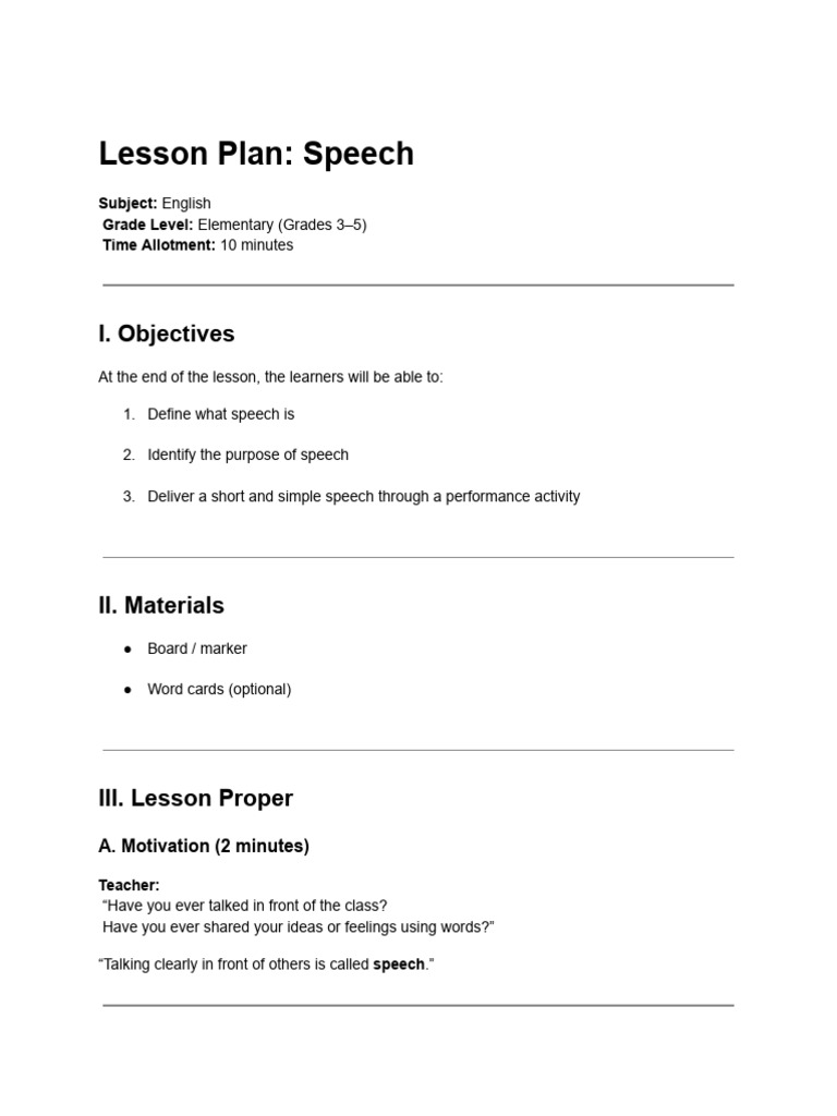 Lesson Plan - Speech | PDF