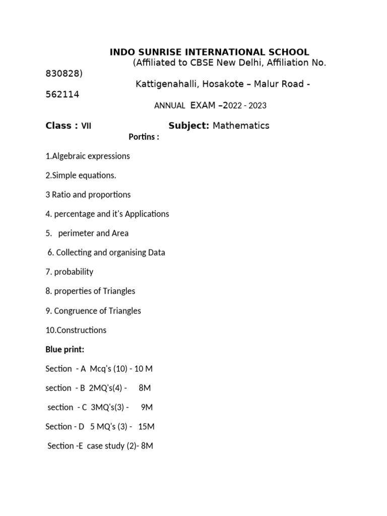 Class VII Math Annual Exam Blueprint | PDF