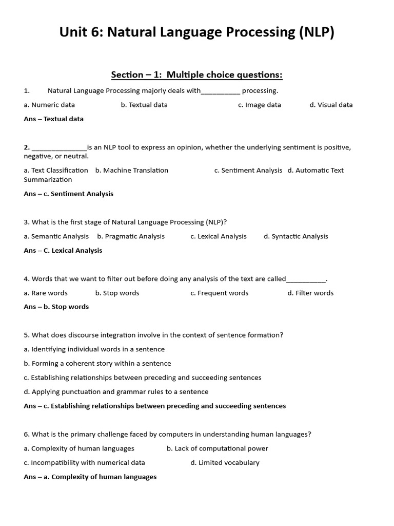 Natural Language Processing Quiz and Concepts | PDF | Cognitive Science ...
