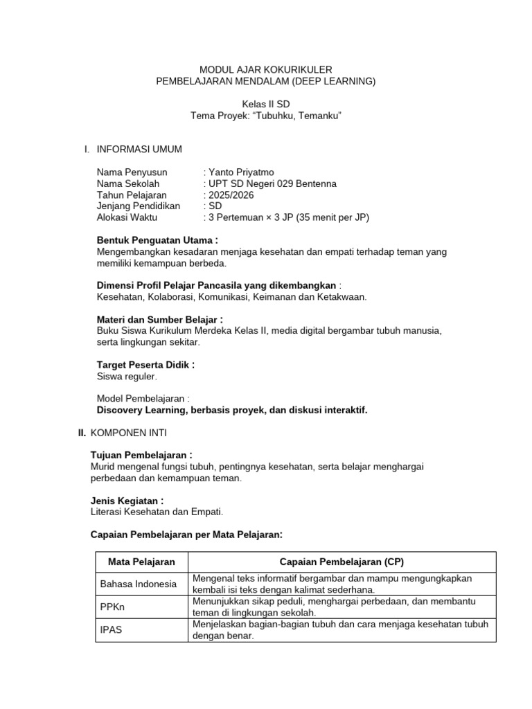 Modul Ajar Deep Learning Kelas II SD | PDF