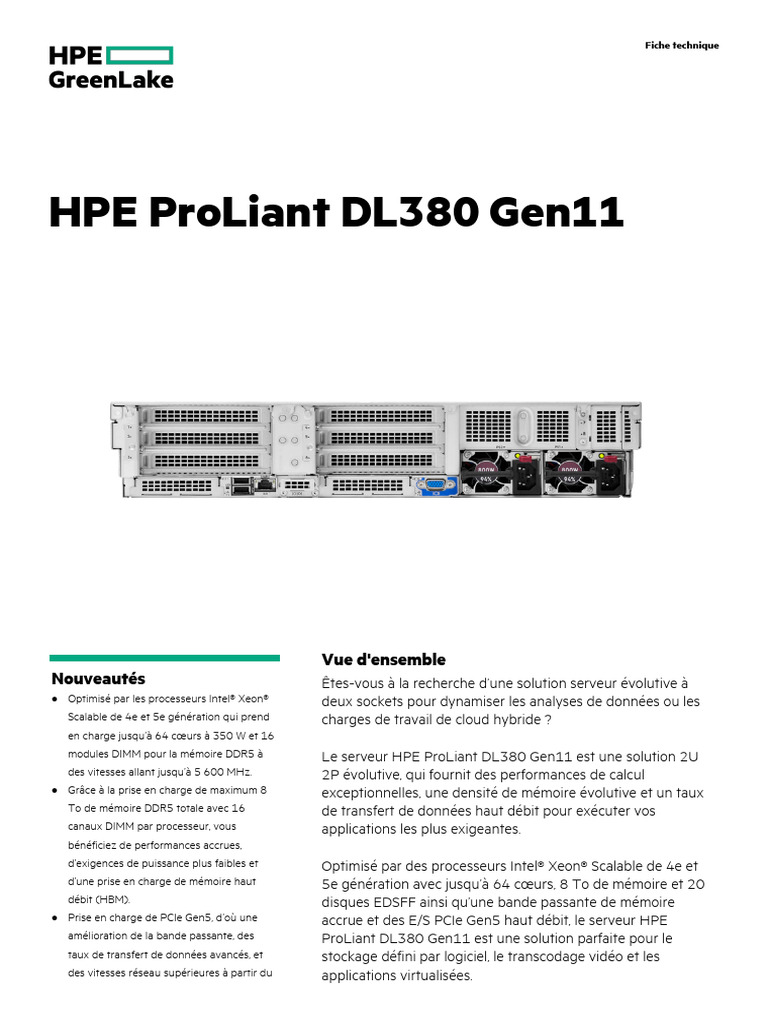 Serveur HPE ProLiant DL380 Gen11: Performances Optimisées | PDF | Cloud ...