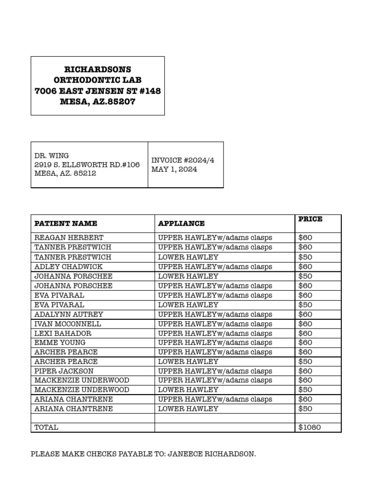 Richardson's Orthodontic Lab Invoice | PDF
