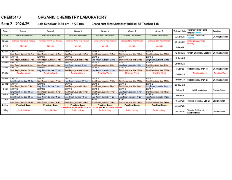 Organic Chemistry Lab Schedule 2024-25 | PDF