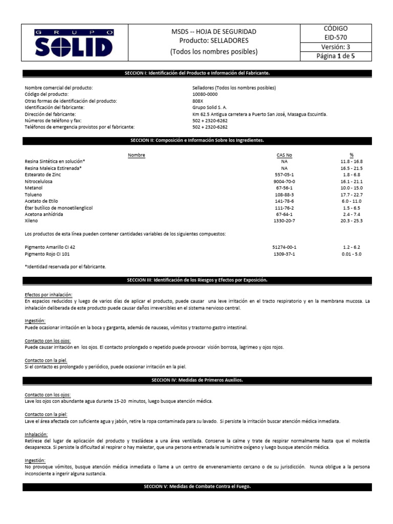 Msds 808x Selladores (Eid-570 v.03) | PDF | Combustión | Solvente