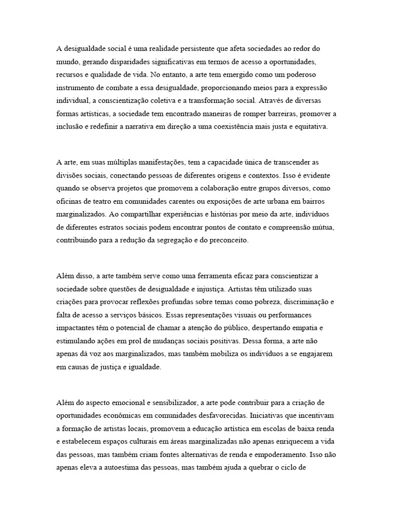 Arte como ferramenta contra desigualdade | PDF | Desigualdade social ...