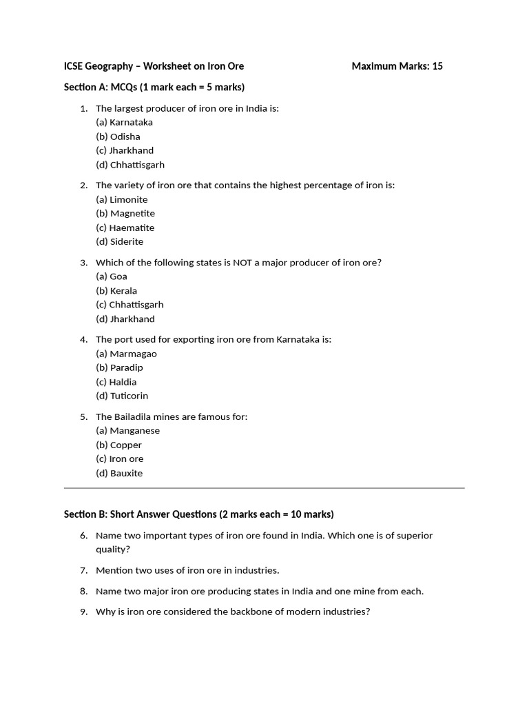 ICSE Geography: Iron Ore Worksheet | PDF