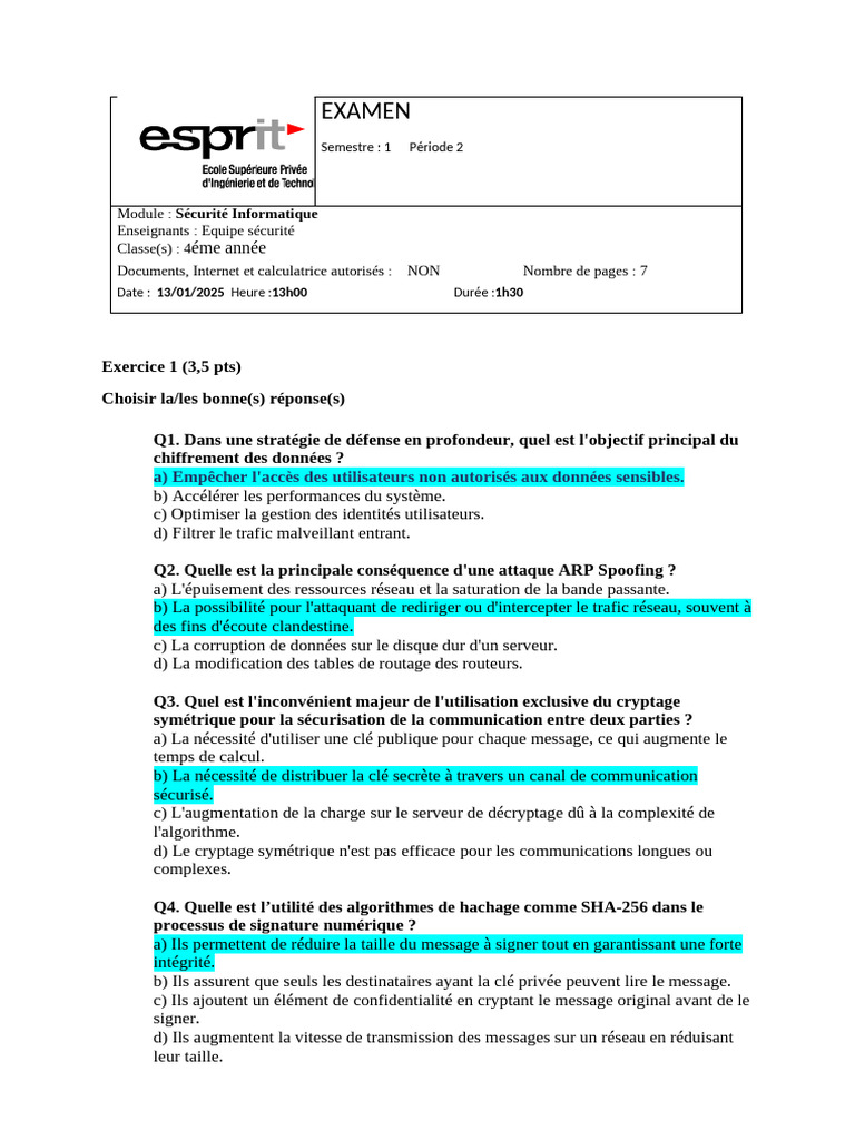 Examen de Sécurité Informatique - Semestre 1 | PDF | Cryptographie ...