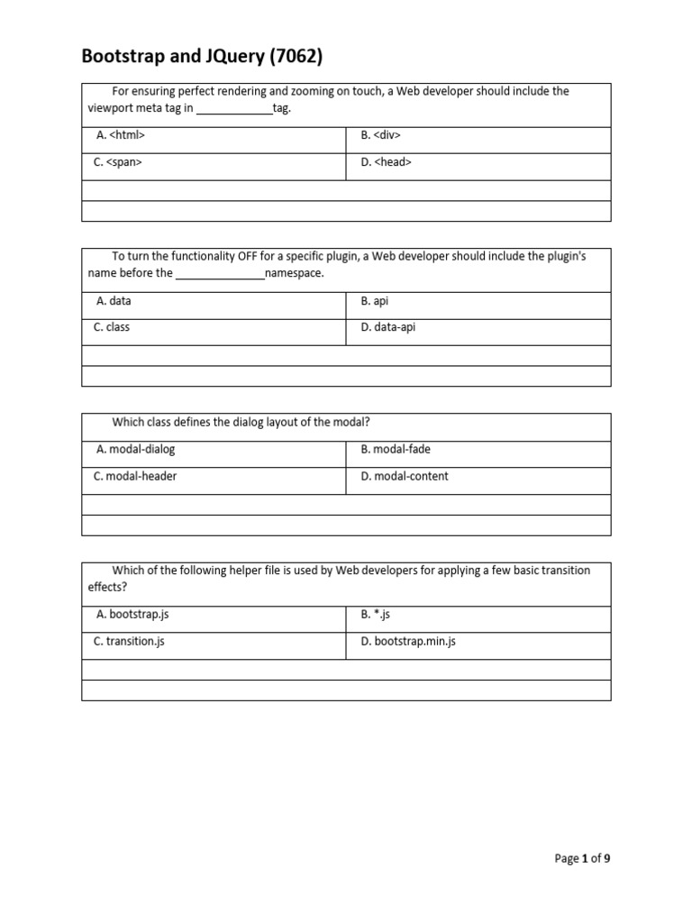 Bootstrap and jQuery Development Quiz | PDF | Bootstrap (Front End ...
