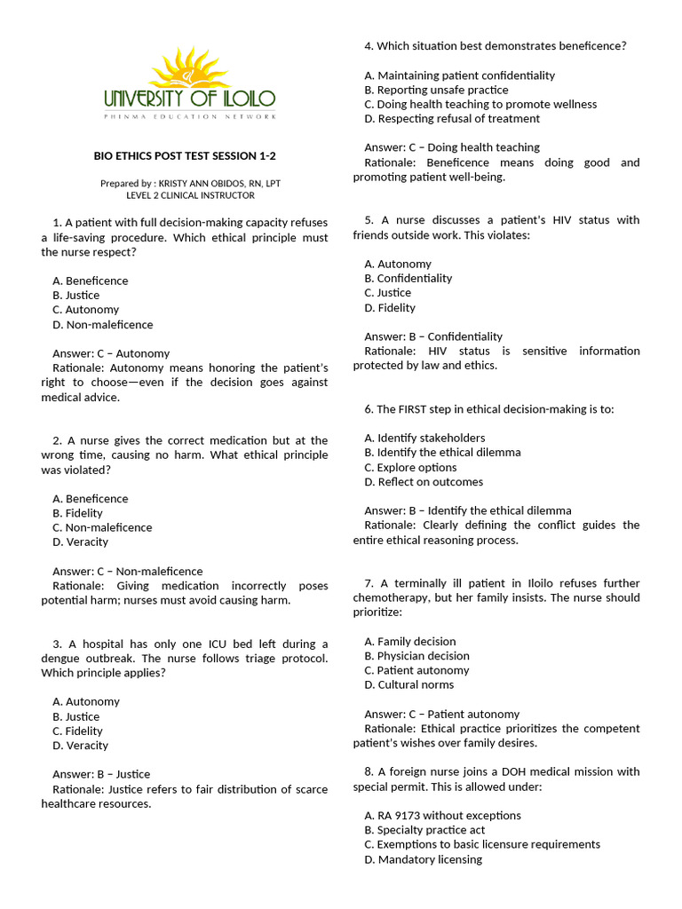 Bioethics Post Test for Nurses | PDF | Defamation | Nursing