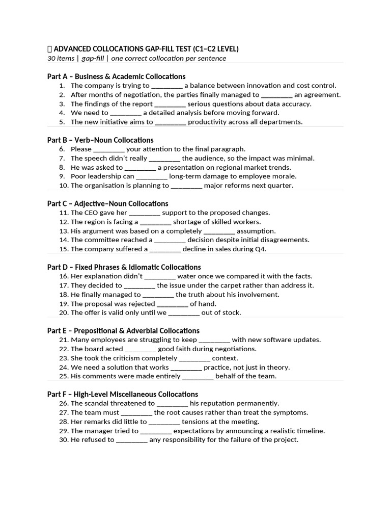 Advanced Collocations Gap-Fill Test | PDF | Idiom | Noun