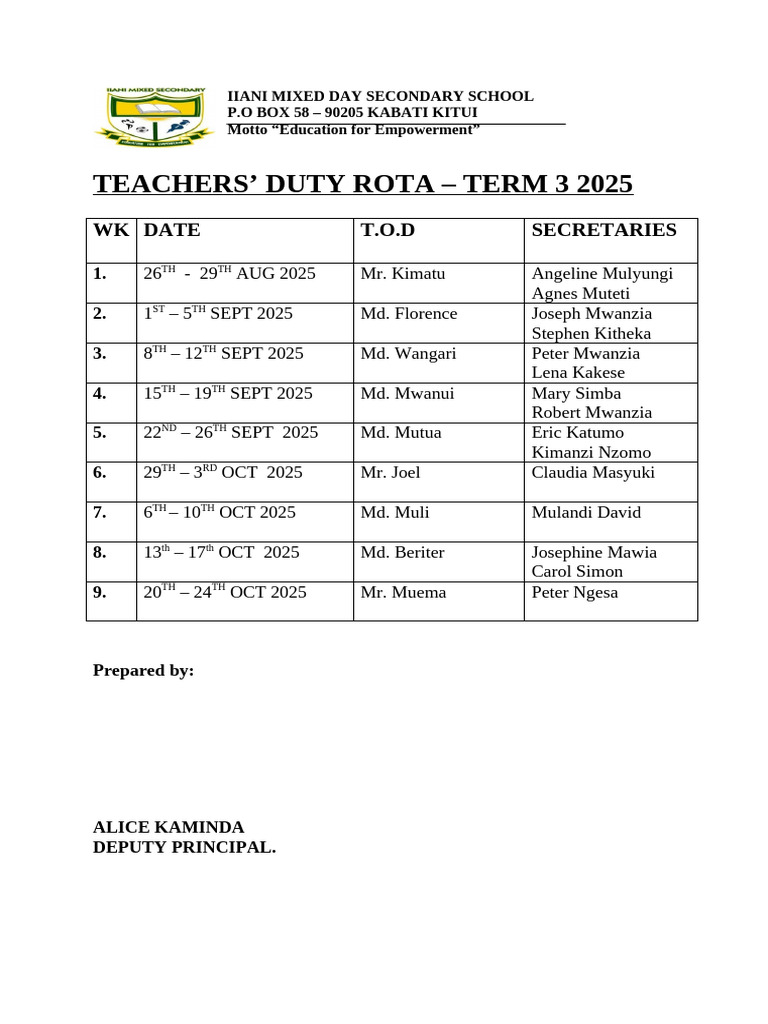Teachers' Duty Rota Term 3 2025 | PDF