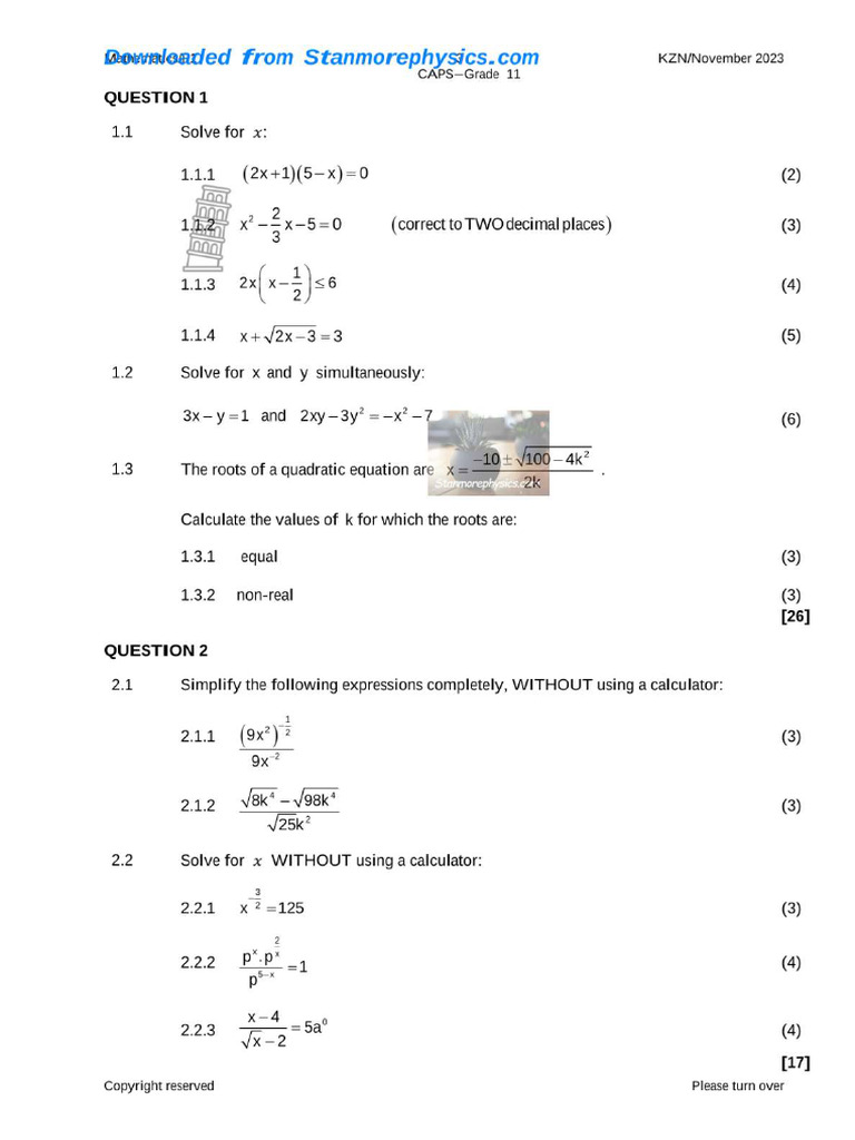 Maths Grade 11 November 2023 P1 and Memo (2) 3 8 | PDF