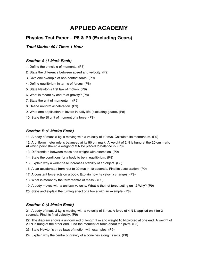 Physics Test Paper: Moments & Motion | PDF | Force | Mass