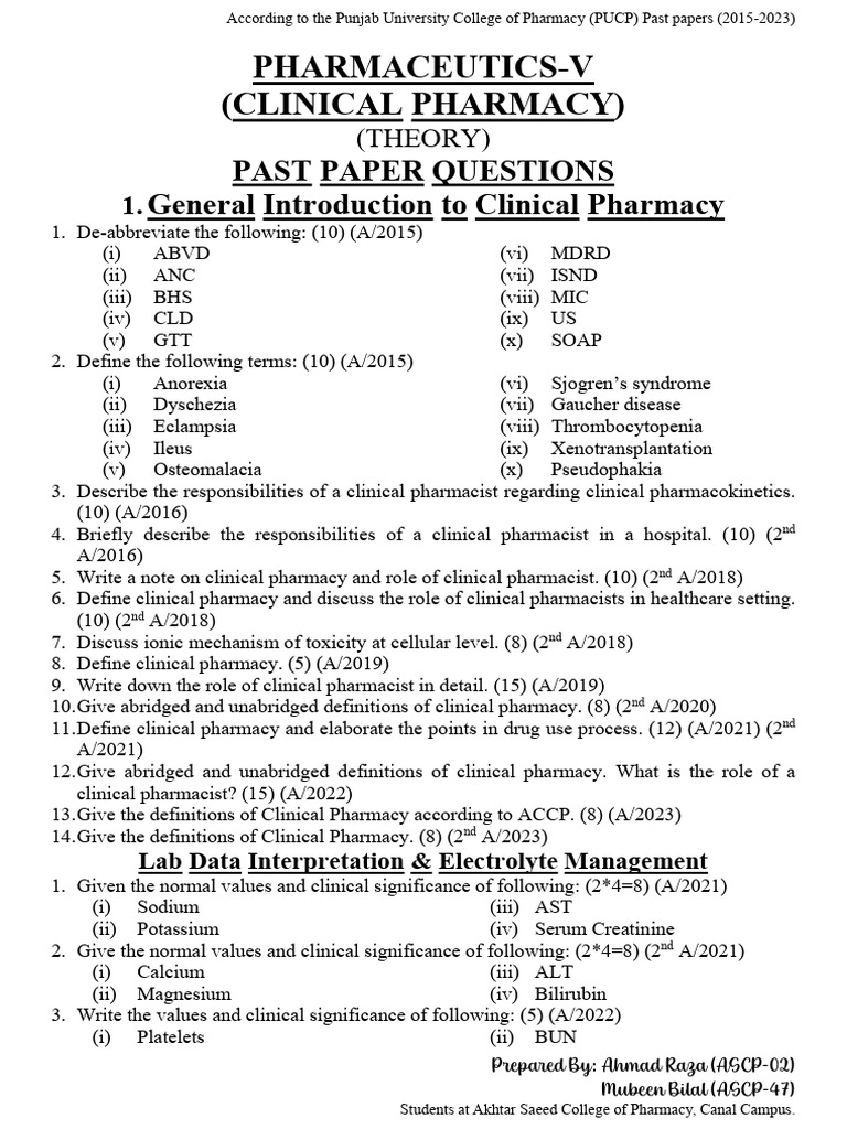 2. Clinical Pharmacy Arranged Past Papers | PDF | Medicine | Pharmacology