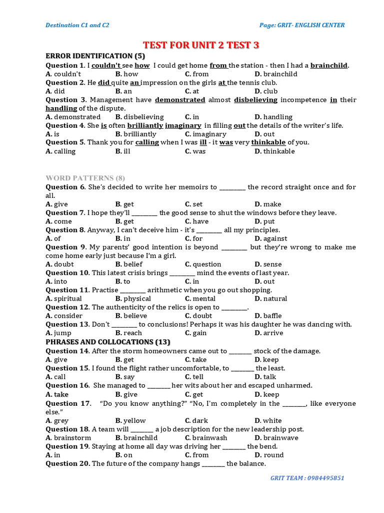 Unit 2 Test: Error Identification & Vocabulary | PDF