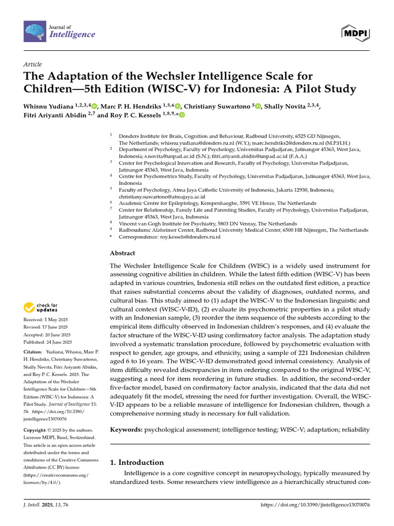 WISC-V Adaptation for Indonesian Children | PDF | Wechsler Adult ...